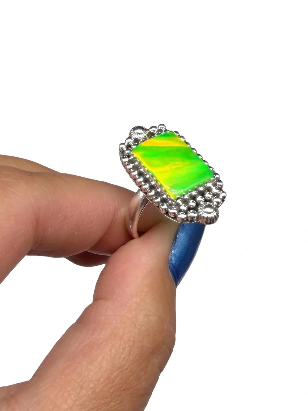 Aurora Fire Opal Ring Size 8 Solid 925 Sterling Silver Aura Lime Green